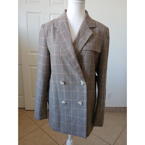 ENOR Womens Beige Plaid Double Breasted Blazer F  Career Office Chic Look - Picture 2 of 16